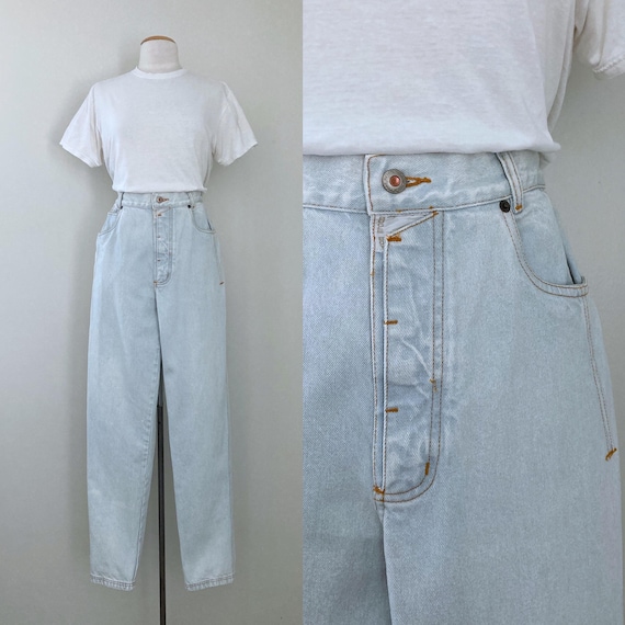 80s faded jeans vintage high waisted jeans 1980s tapered leg light blue