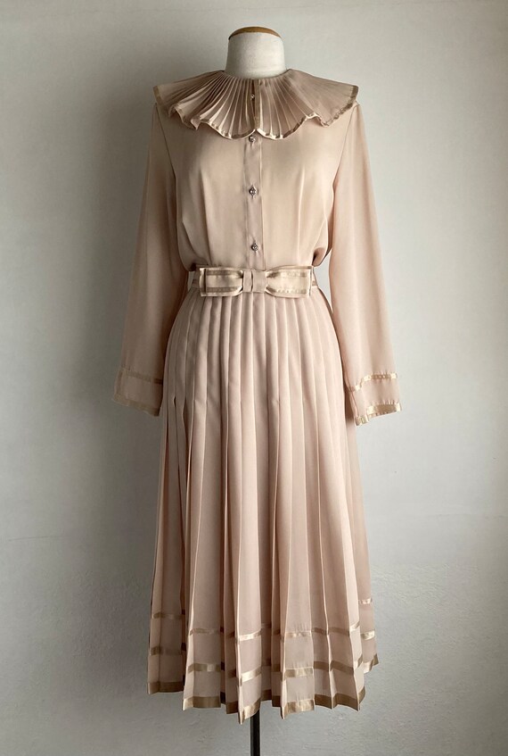 70s ruffle dress vintage beige evening dress with… - image 2