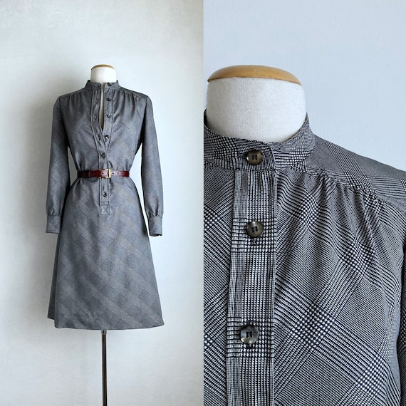 long sleeve 70s dress vintage 60s shift dress gray - image 1