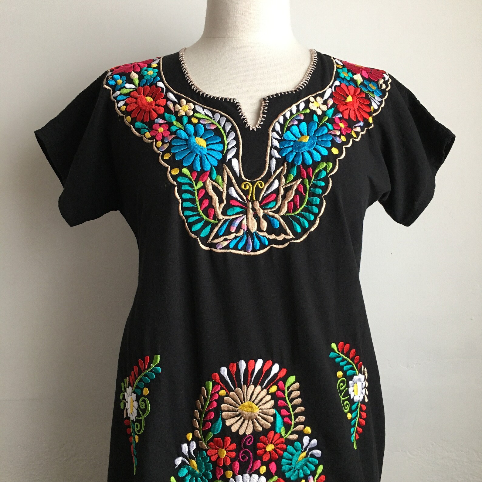 Cotton mexican dress vintage black floral boho dress summer | Etsy