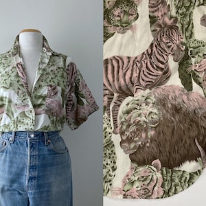 80s short sleeve shirts vintage novelty animal print top 1980s rayon safari blouse