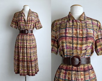 plaid shirt dress vintage silk full skirt two piece set