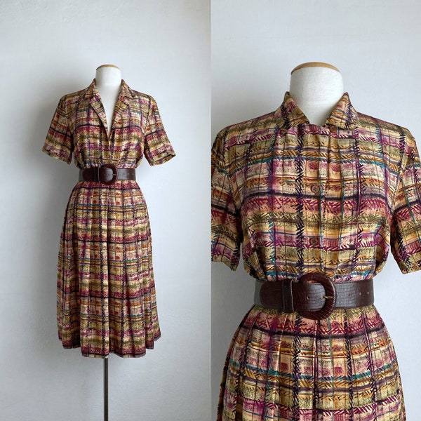 plaid shirt dress vintage silk full skirt two piece set