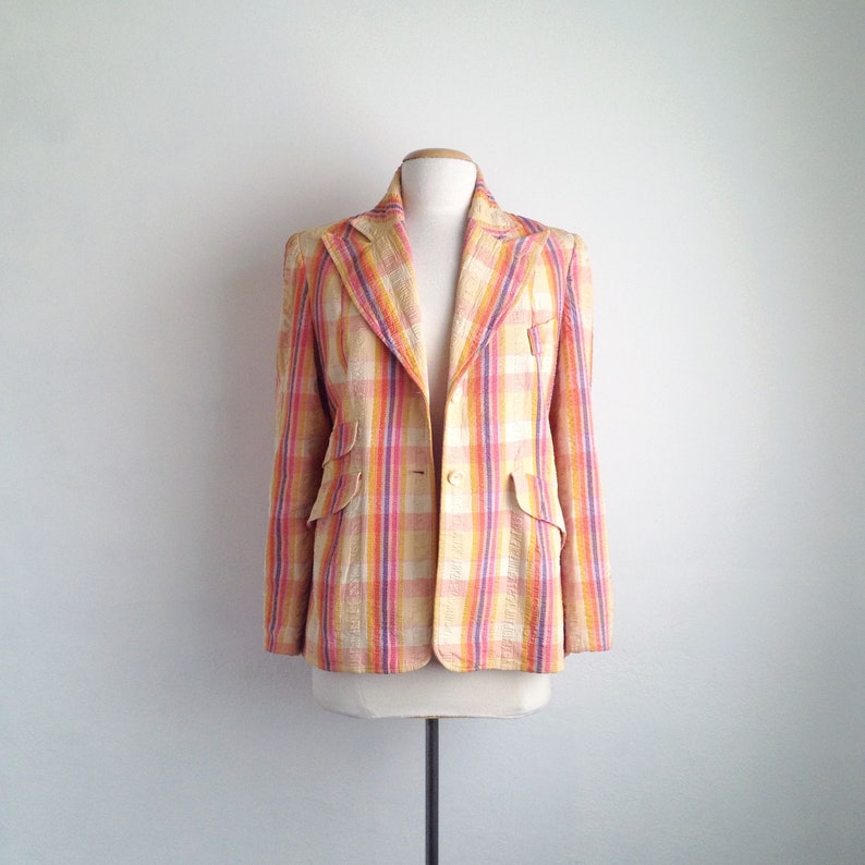vintage 70s blazer women plaid blazer cotton plaid jacket light weight spring blazer womens 70s clothing seersucker jacket orange