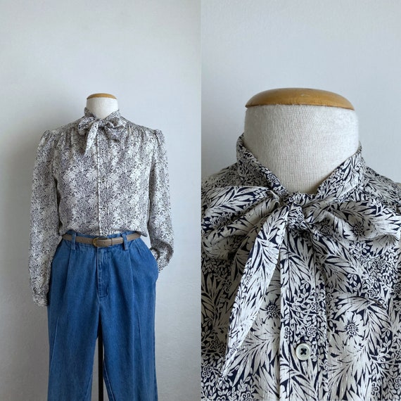 floral 70s bow blouse vintage 70s blouse navy blue