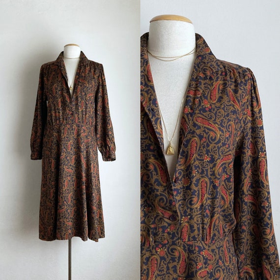 80s paisley dress vintage drop waist dress with b… - image 1