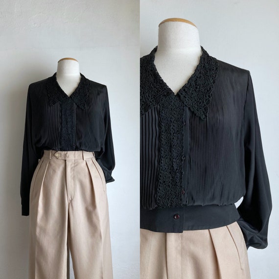 black silky 80s blouse vintage lace black blouse 7
