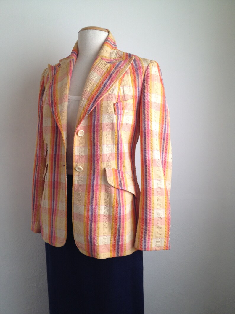 vintage 70s blazer women plaid blazer cotton plaid jacket light weight spring blazer womens 70s clothing seersucker jacket orange