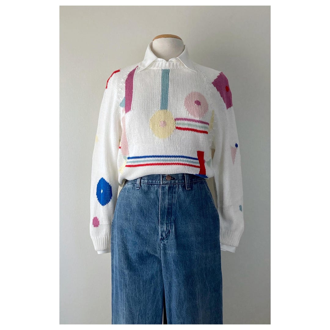 80s white abstract sweater vintage cotton pullover 1980s crew neck bauhaus style