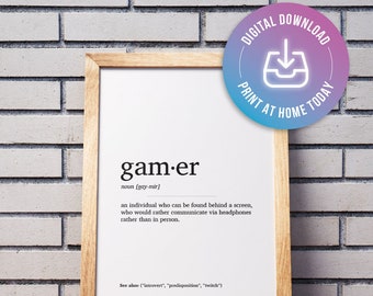 PÓSTER DE DEFINICIÓN DE GAMER / Decoración de pared casera / Definición / Regalo / Minimalista / Decoración del hogar