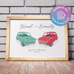 PERSONALISED PRINT  |  Homemade Wall Art  | Cute Couple Adventure  |  Car Drawing |  Anniversary Gift  |  Housewarming  |  Customisable