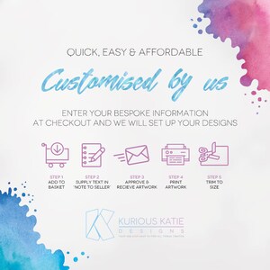 Puede incluir: Un gr&aacute;fico con un fondo de acuarela rosa y morado. El texto "Quick, Easy & Affordable" est&aacute; en la parte superior del gr&aacute;fico. El texto "Customised by us" est&aacute; en una fuente m&aacute;s grande y est&aacute; debajo de la primera l&iacute;nea de texto. Debajo del texto hay una descripci&oacute;n de los pasos para personalizar un producto. Los pasos se ilustran con iconos. Los iconos son un carrito de compras, un bloc de notas y un l&aacute;piz, un sobre, una impresora y unas tijeras. El texto "Kurious Katie Designs" est&aacute; en la parte inferior del gr&aacute;fico.