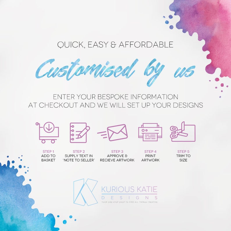 Puede incluir: Un gr&aacute;fico con un fondo de acuarela rosa y morado. El texto "Quick, Easy & Affordable" est&aacute; en la parte superior del gr&aacute;fico. El texto "Customised by us" est&aacute; en una fuente m&aacute;s grande y est&aacute; debajo de la primera l&iacute;nea de texto. Debajo del texto hay una descripci&oacute;n de los pasos para personalizar un producto. Los pasos se ilustran con iconos. Los iconos son un carrito de compras, un bloc de notas y un l&aacute;piz, un sobre, una impresora y unas tijeras. El texto "Kurious Katie Designs" est&aacute; en la parte inferior del gr&aacute;fico.