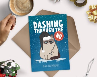 Christmas Grumpy Cat Greeting Card - Funny - Ho Ho No - Dashing through the NO - Xmas