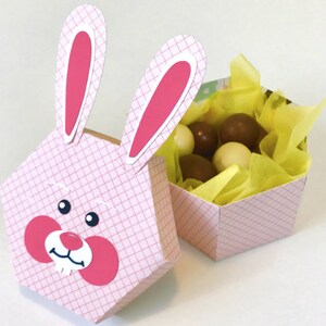 May include: A pink hexagonal box with a bunny face on the front. The box is open and filled with chocolate candies and yellow tissue paper.