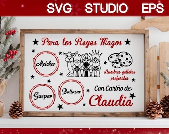 Bandeja Reyes Magos galletas y leche. Diseño digital para tu negocio. Fichero SVG, EPS, Studio. Para Cricut, Silhouette oder Grabado Laser