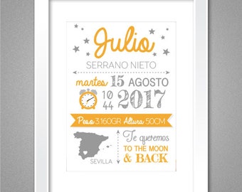 Natalicio. Láminas de nacimiento para niño o niña personalizadas en PDF