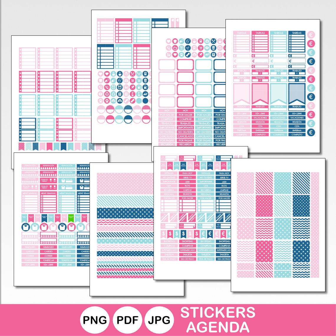 Planner Stickers DIY Digital Planner & Printable Organizer Pastel Color Tab  With Icons Png Svg Eps Pdf 