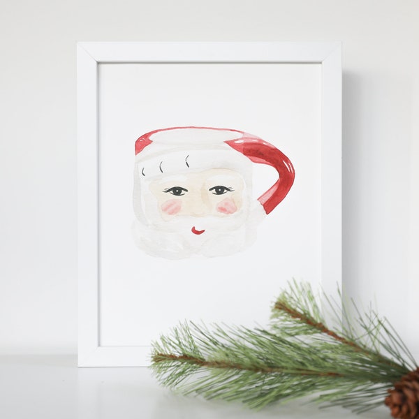 Vintage Santa Mug Watercolor Art Print - Christmas Decor - Christmas Art - Christmas Gift - Holiday Decor - Santa Claus Painting - Santa Art