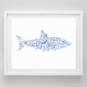 Blue Shark Floral Watercolor Art Print - Underwater Nursery - Scuba Diver - Shark Artwork - Sea Life - Ocean Painting