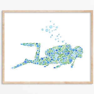 Taucher Aquarell Druck - Tauchen Geschenk - Taucher Kunst - Tauchen Art Print - Scuba Girl - Ocean Conservation