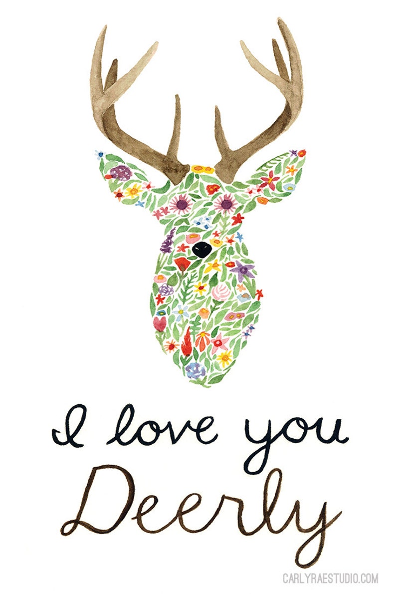 I Love You Deerly Floral Watercolor Art Print - Etsy