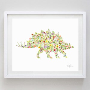 Dinosaur Stegosaurus Watercolor Art Print in Flowers - Dino Kids Room - Dinosaur Girls Room - Dinosaur Gift - Floral Dinosaur - Stegosaurus