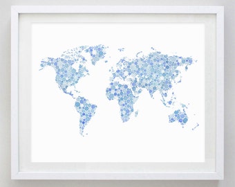 World Map Blue Watercolor Print - World Map Nursery - Blue Nursery - Boys Nursery - World Map Nursery - World Map Artwork - Travel Gift