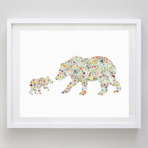 Mama and Baby Bear Floral Watercolor Print - Mom and Baby Animal Nursery - Mom and Baby Art - Mama Bear
