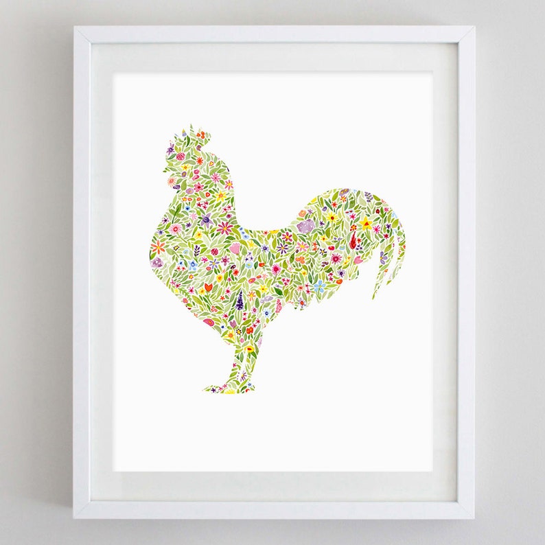 Rooster Floral Watercolor Art Print Kitchen Decor Lake House Art Chicken Coop Animal Artwork Rooster Watercolor Painting image 1