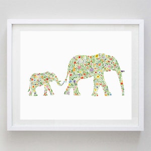 Mama and Baby Elephant Floral Watercolor Print - Mom and Baby Animal Nursery - Elephant Nursery - Elephant Artwork