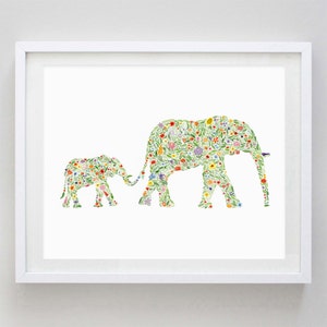 Mama and Baby Elephant Floral Watercolor Print Mom and Baby Animal Nursery Elephant Nursery Elephant Artwork image 1