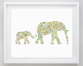 Mama and Baby Elephant Floral Watercolor Print - Mom and Baby Animal Nursery - Elephant Nursery - Elephant Artwork