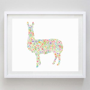 Llama Floral Watercolor Art Print - Animal Artwork - Llama Art Print - Girls Room - Llama Gift - Alpaca Art - Animal Kids Room