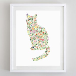 Cat Floral Watercolor Art Print