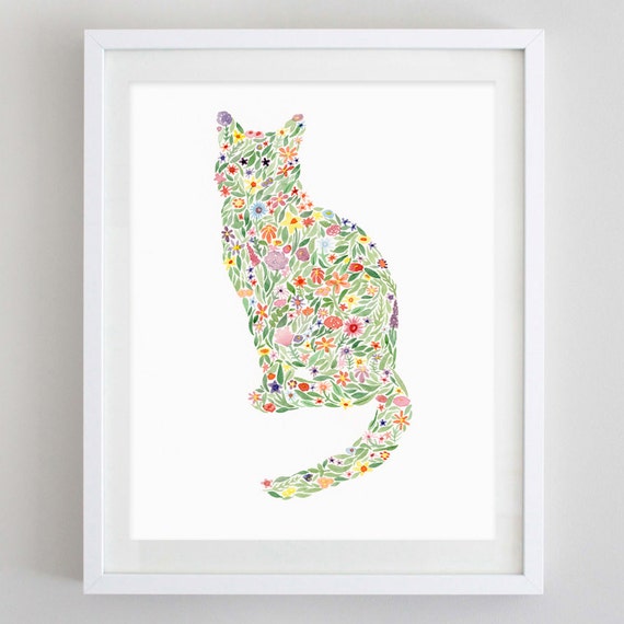 Cat Floral Watercolor Art Print Etsy