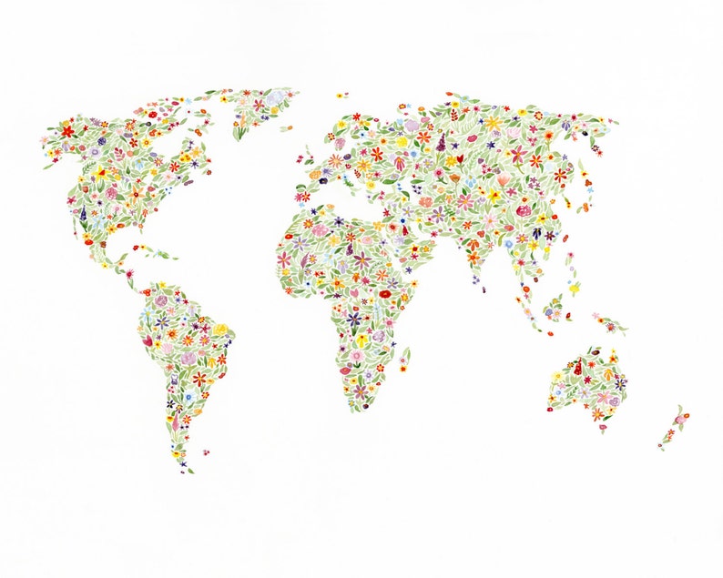 World Map Floral Watercolor Art Print - World Traveler Gift - Global ...