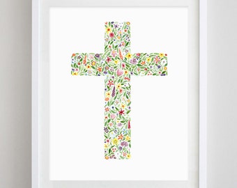 Cross Floral Watercolor Art Print