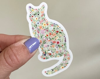 Etiqueta engomada floral del gato - etiqueta del gato - etiqueta engomada del gato - regalo del amante del gato - arte del gato