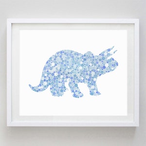 Dinosaur Triceratops Watercolor Art Print in Blue Dots - Dino Kids Room - Dinosaur Nursery