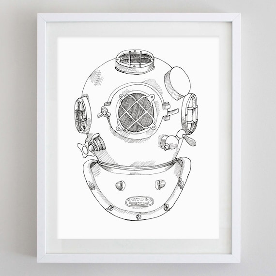 Scuba Helmet Drawing Print Scuba Diver Ocean Wall Art | Etsy