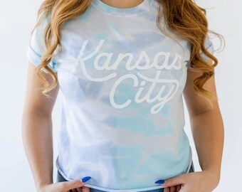 Kansas City Script Cropped T-Shirt - Blue Tie Dye - KC Baseball - KC T-Shirt - Kanas City Gift
