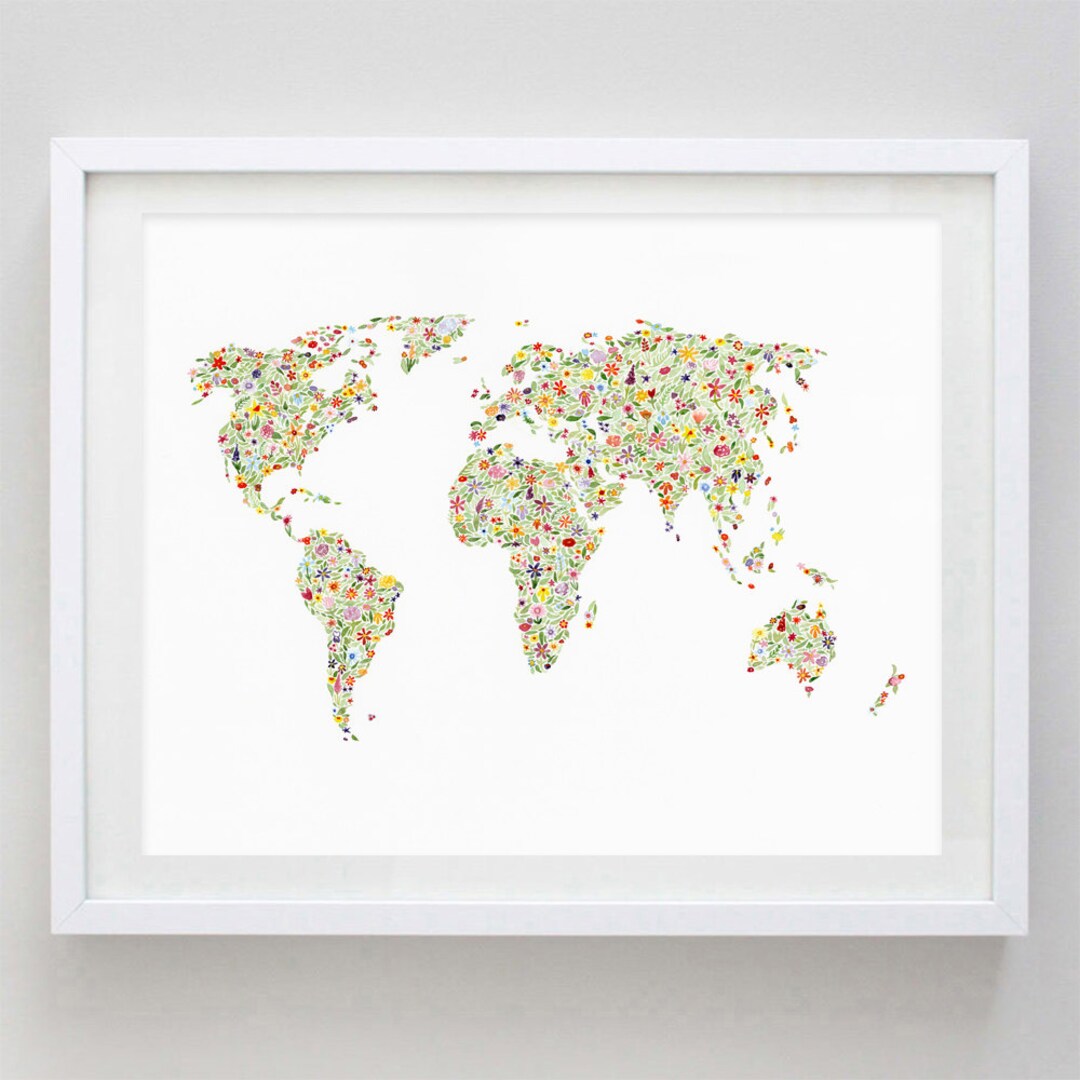 World Map Floral Watercolor Art Print - World Traveler Gift - Global ...