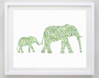 Mama and Baby Elephant Watercolor Art Print Green - Mom and Baby Animal Nursery - Elephant Nursery - Elephant Artwork