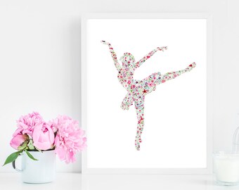 Ballerina 2 Floral Watercolor Print - Dancer Artwork - Girls Room Ballet - Pink and Purple