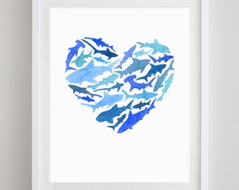 Shark Heart Watercolor Art Print - Underwater Nursery - Scuba Diver - Shark Artwork - Sea Life - Ocean Painting