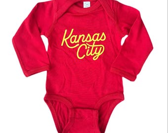 Baby Kansas City Script Long Sleeve Onesie - Football Onesie - KC Football Tee - Arrowhead - KC Baby Gift