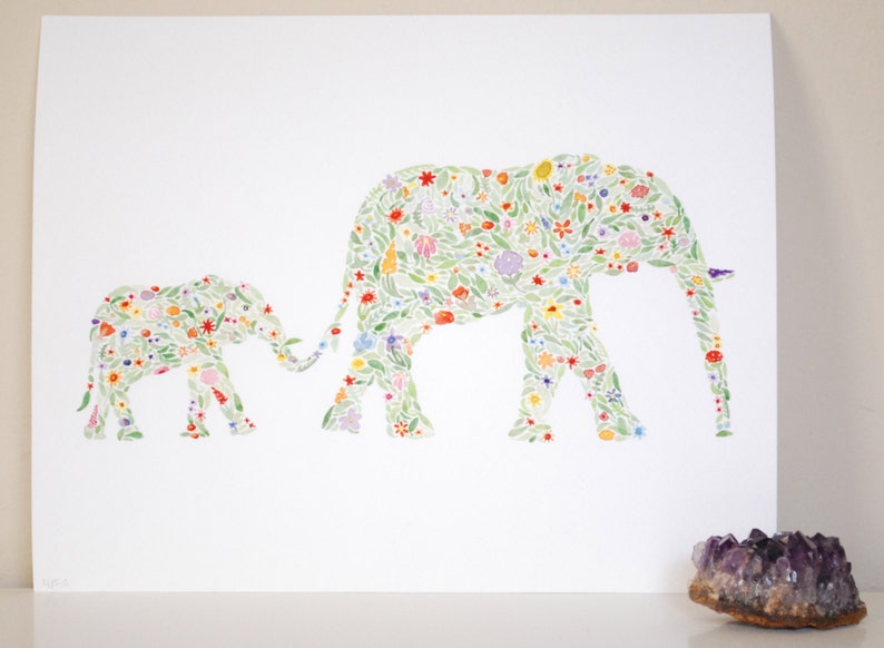 Mama and Baby Elephant Floral Watercolor Print Mom and Baby Animal Nursery Elephant Nursery Elephant Artwork image 3