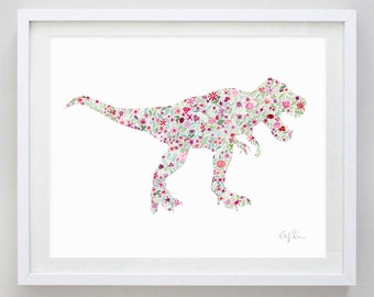 Dinosaurier T-Rex Aquarell Kunstdruck in Rosa - Dino Kinderzimmer - Tyrannosaurus Rex - Dinosaurier Mädchenzimmer - Dinosaurier Geschenk - Rosa Dinosaurier