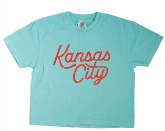 Kansas City Script Cropped T-Shirt - Teal - KC Shirt - KC T-Shirt - Kanas City Gift